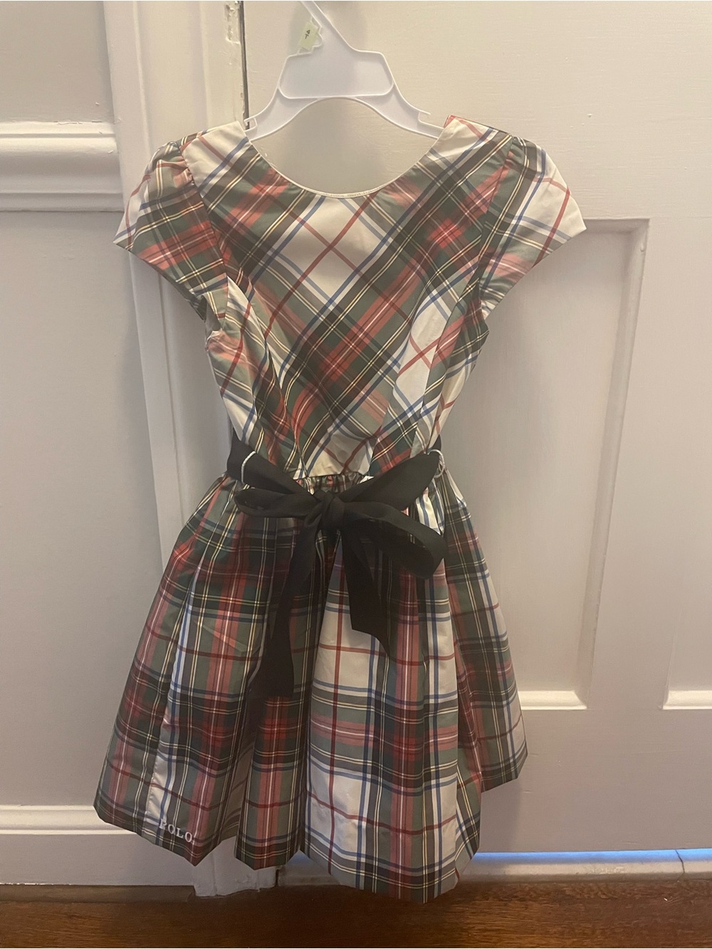 Like new, Polo Ralph Lauren Girls Plaid Holiday Dress with Black Sash